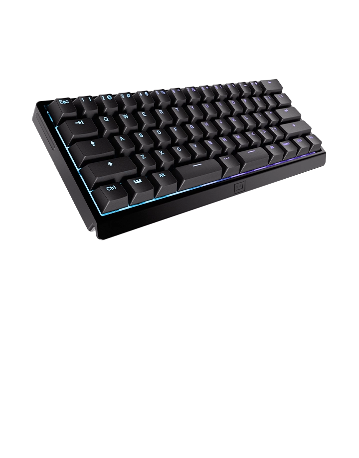 Wooting 60HE v2 split spacebar variant shown at an angle with blue-purple left-to-right gradient RGB lighting under the keycaps