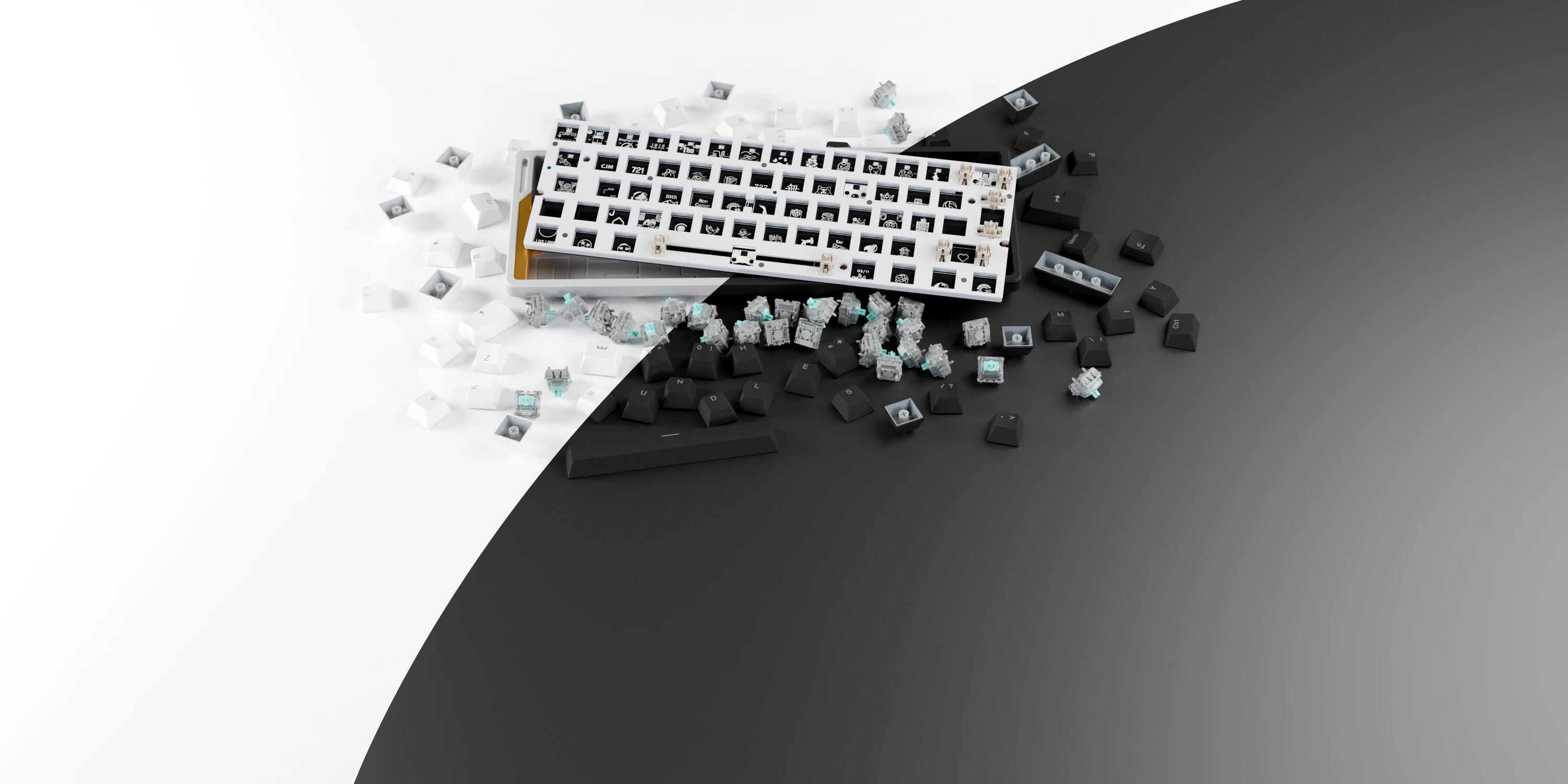Wooting 60HE v2 split spacebar variant shown at an angle with blue-purple left-to-right gradient RGB lighting under the keycaps
